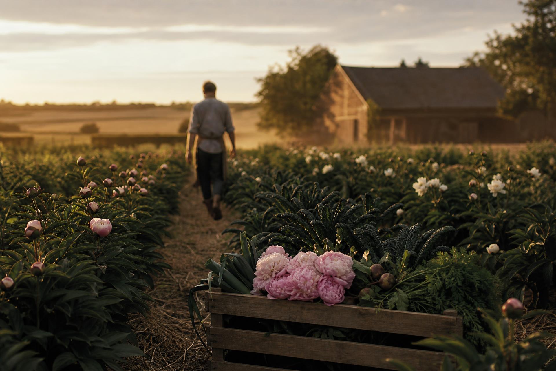 Evening light over the peony rows at Willock Farm, with a crate of freshly picked flowers and vegetables